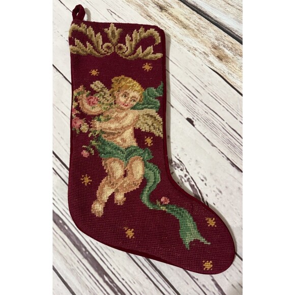 1991 Imperial Elegance Needlepoint Christmas Stocking Angel Cherub Burgundy Vtg - Picture 1 of 7